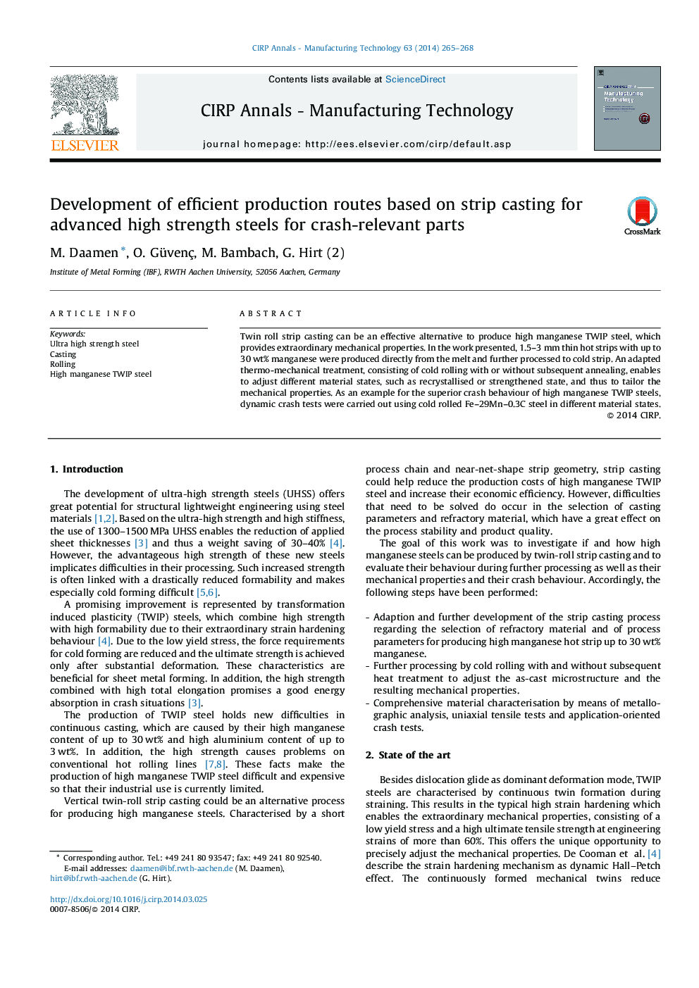 Development of efficient production routes based on strip casting for advanced high strength steels for crash-relevant parts