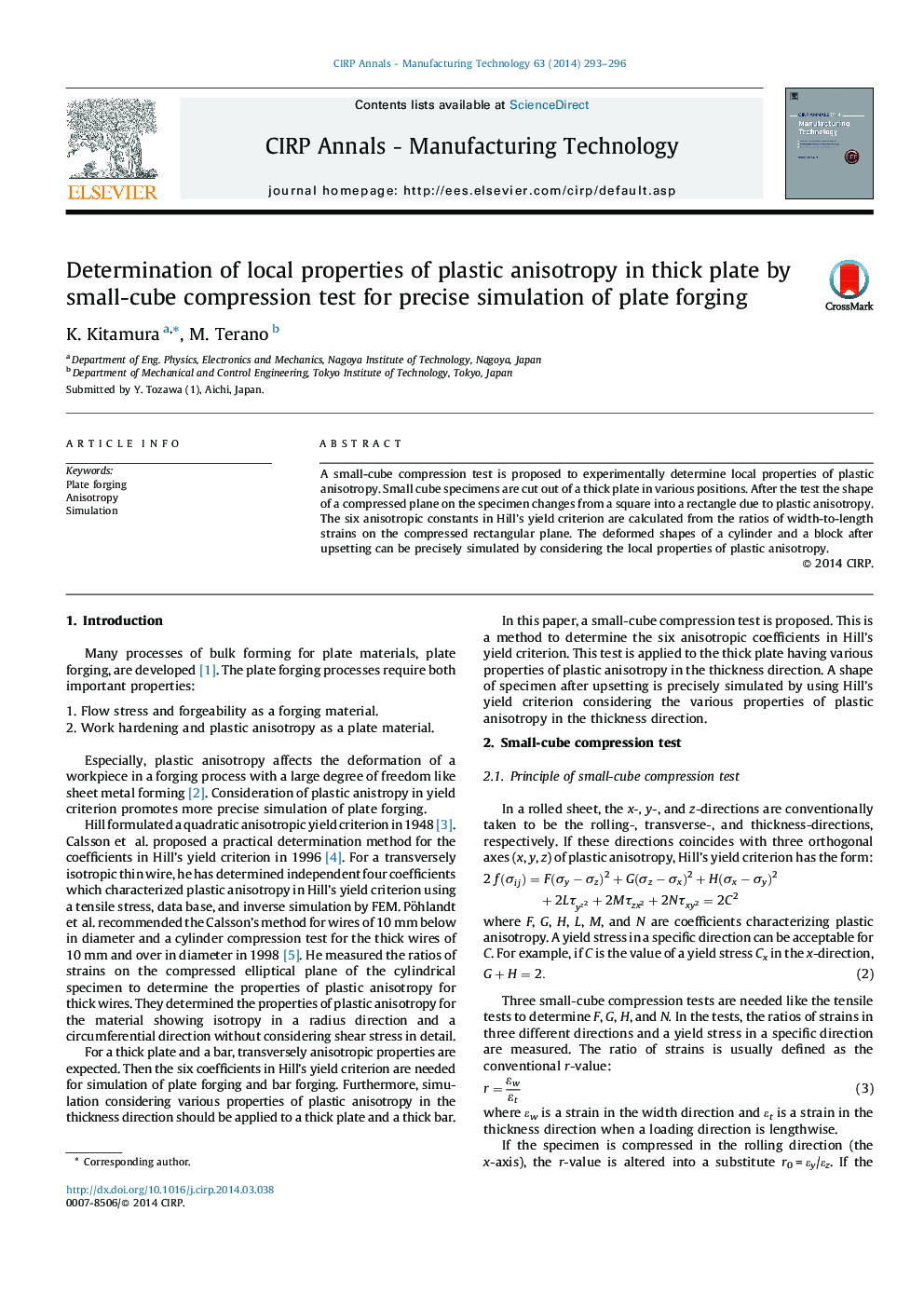 Determination of local properties of plastic anisotropy in thick plate by small-cube compression test for precise simulation of plate forging