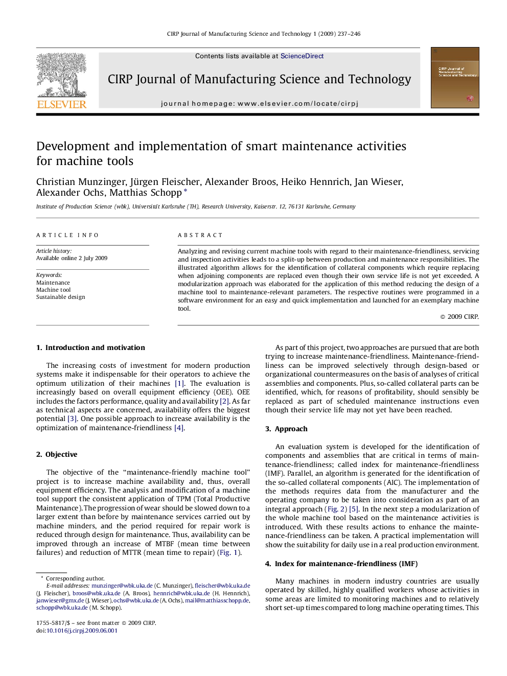 Development and implementation of smart maintenance activities for machine tools