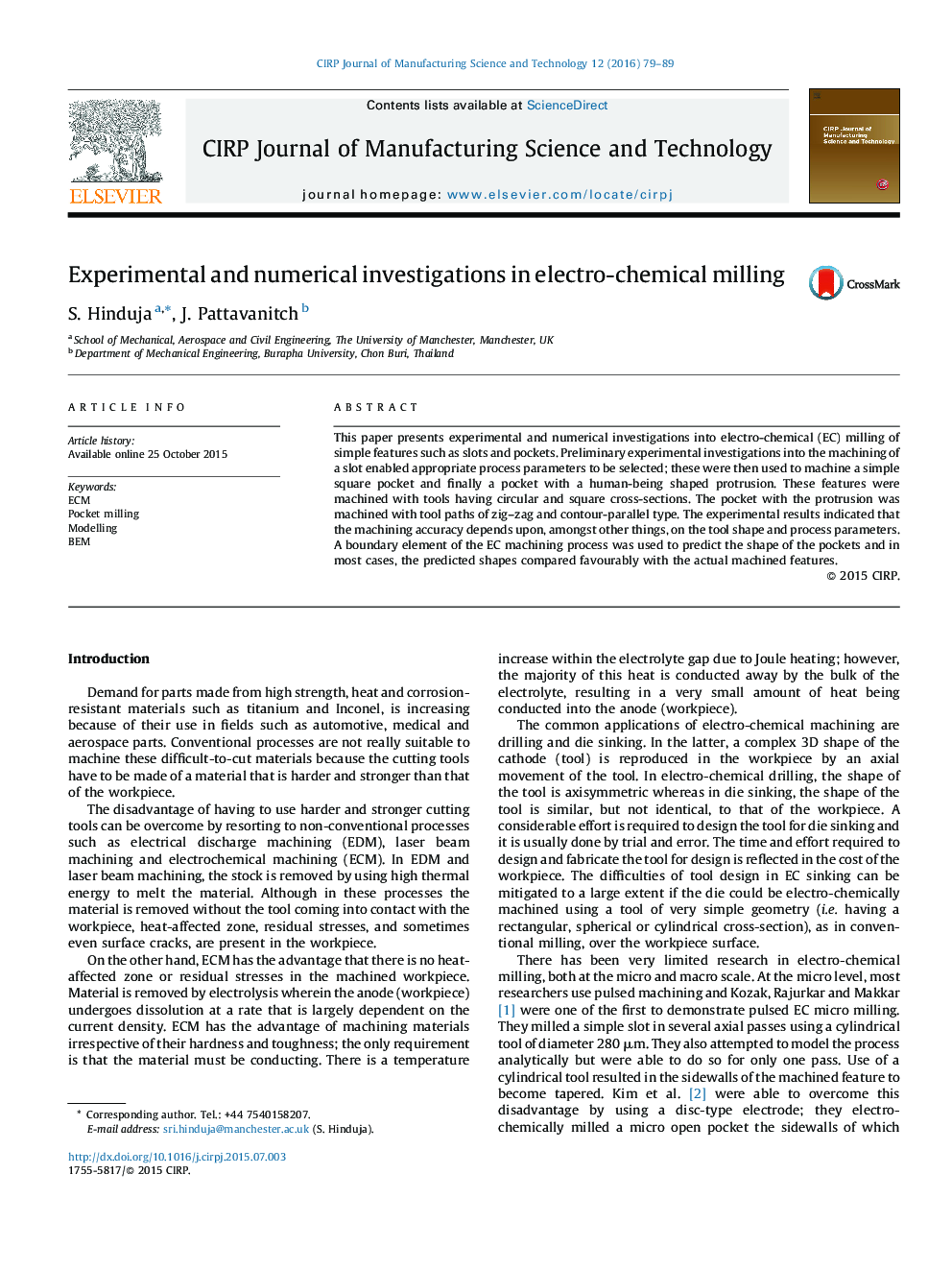 Experimental and numerical investigations in electro-chemical milling