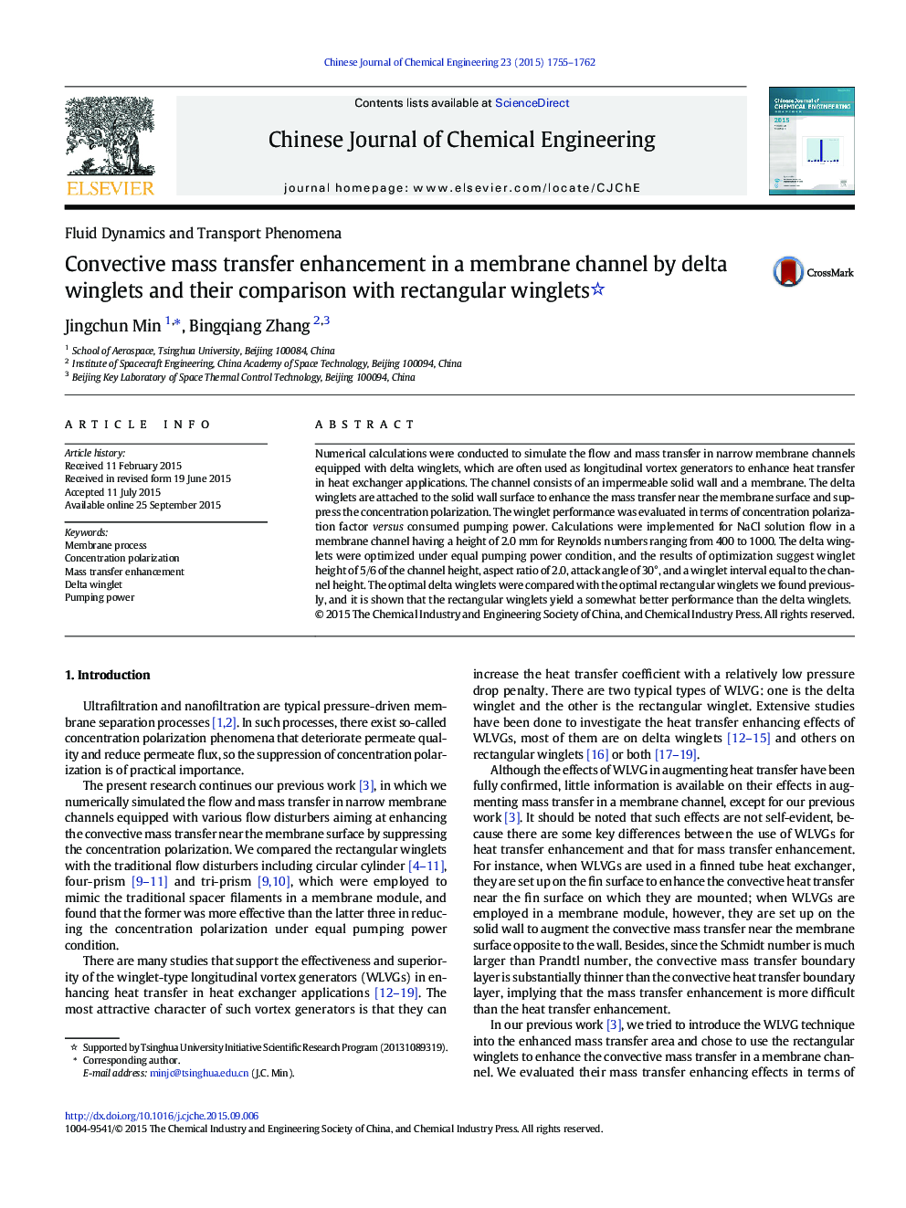 Convective mass transfer enhancement in a membrane channel by delta winglets and their comparison with rectangular winglets 