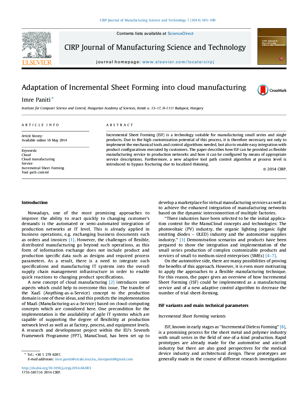 Adaptation of Incremental Sheet Forming into cloud manufacturing