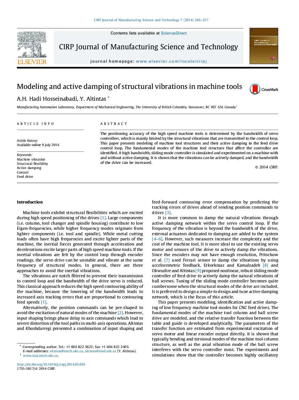 Modeling and active damping of structural vibrations in machine tools