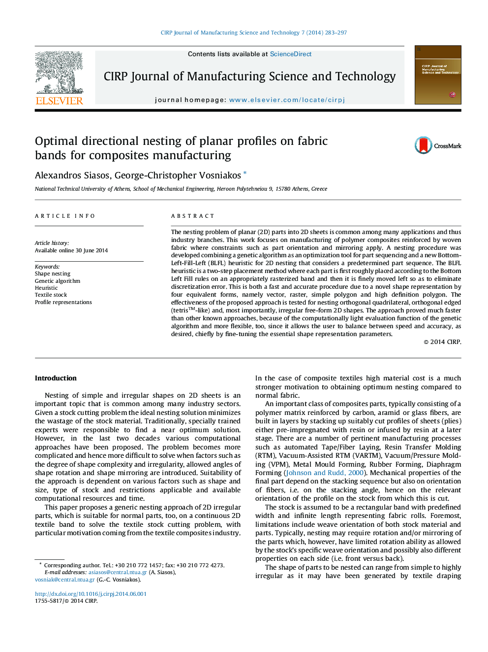 Optimal directional nesting of planar profiles on fabric bands for composites manufacturing