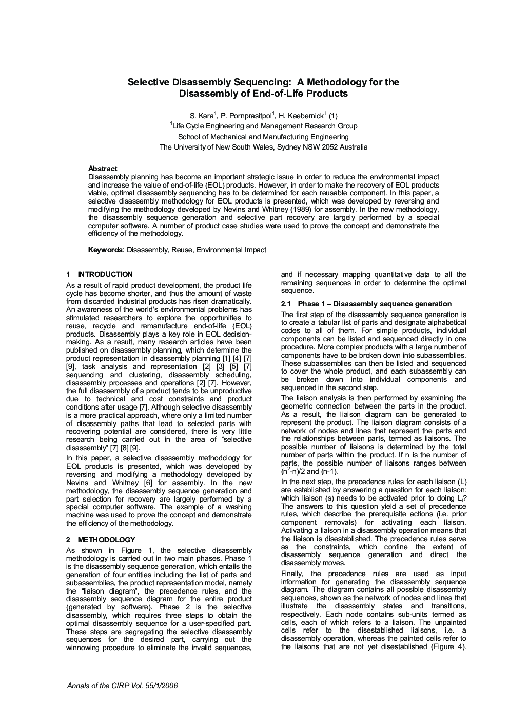 Selective Disassembly Sequencing: A Methodology for the Disassembly of End-of-Life Products