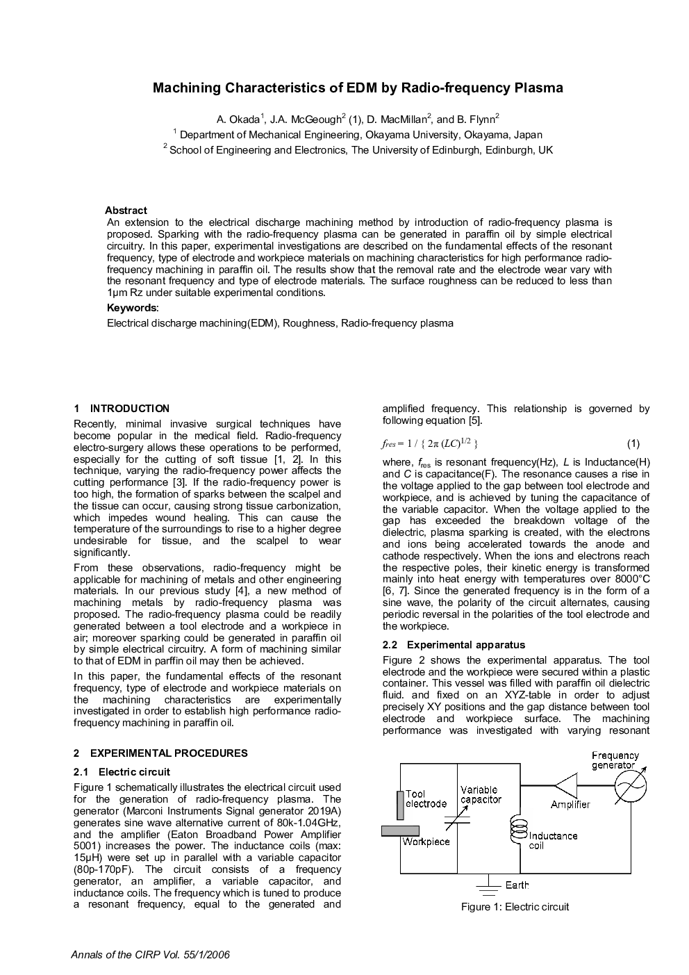 Machining Characteristics of EDM by Radio-frequency Plasma