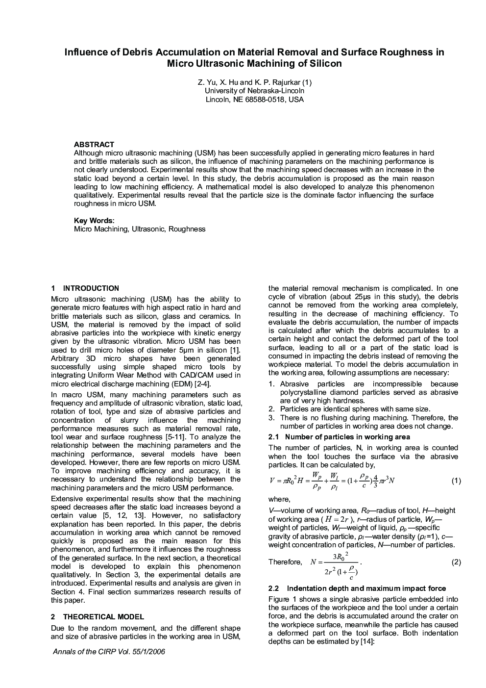 Influence of Debris Accumulation on Material Removal and Surface Roughness in Micro Ultrasonic Machining of Silicon