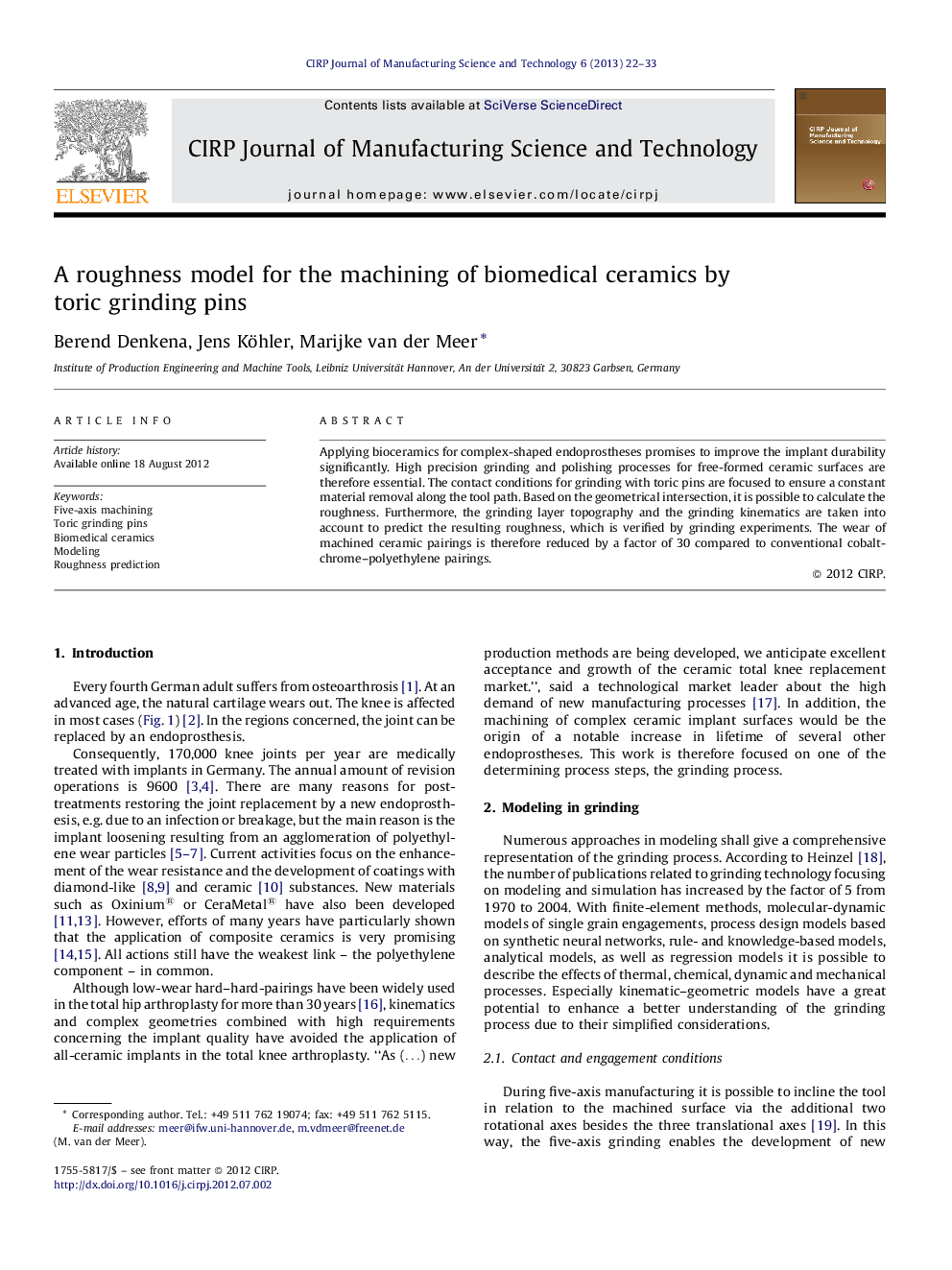 A roughness model for the machining of biomedical ceramics by toric grinding pins