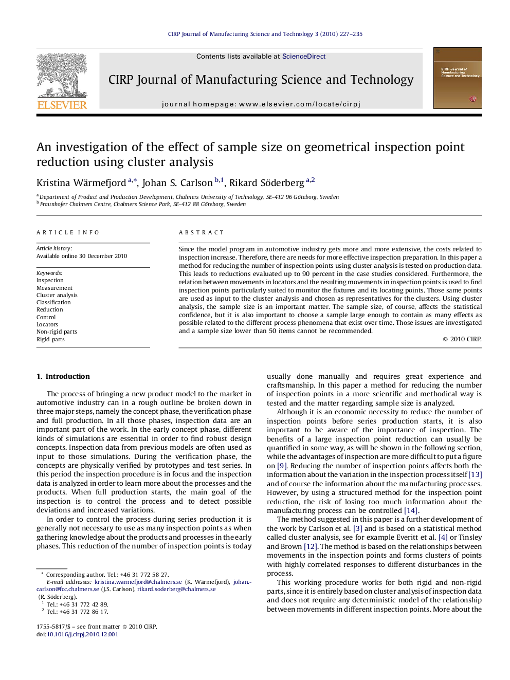 An investigation of the effect of sample size on geometrical inspection point reduction using cluster analysis