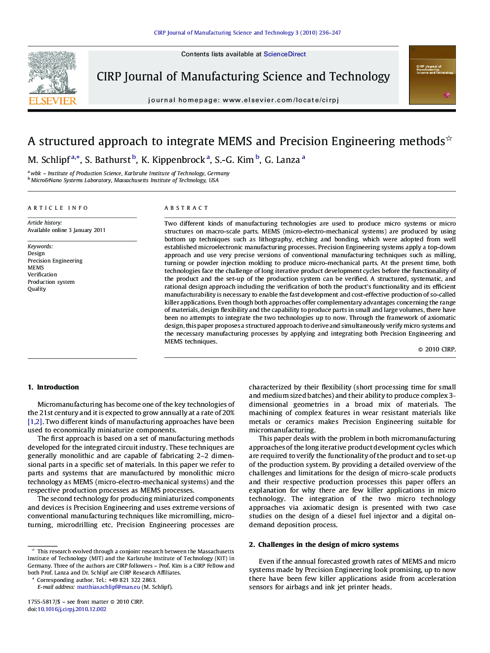 A structured approach to integrate MEMS and Precision Engineering methods 