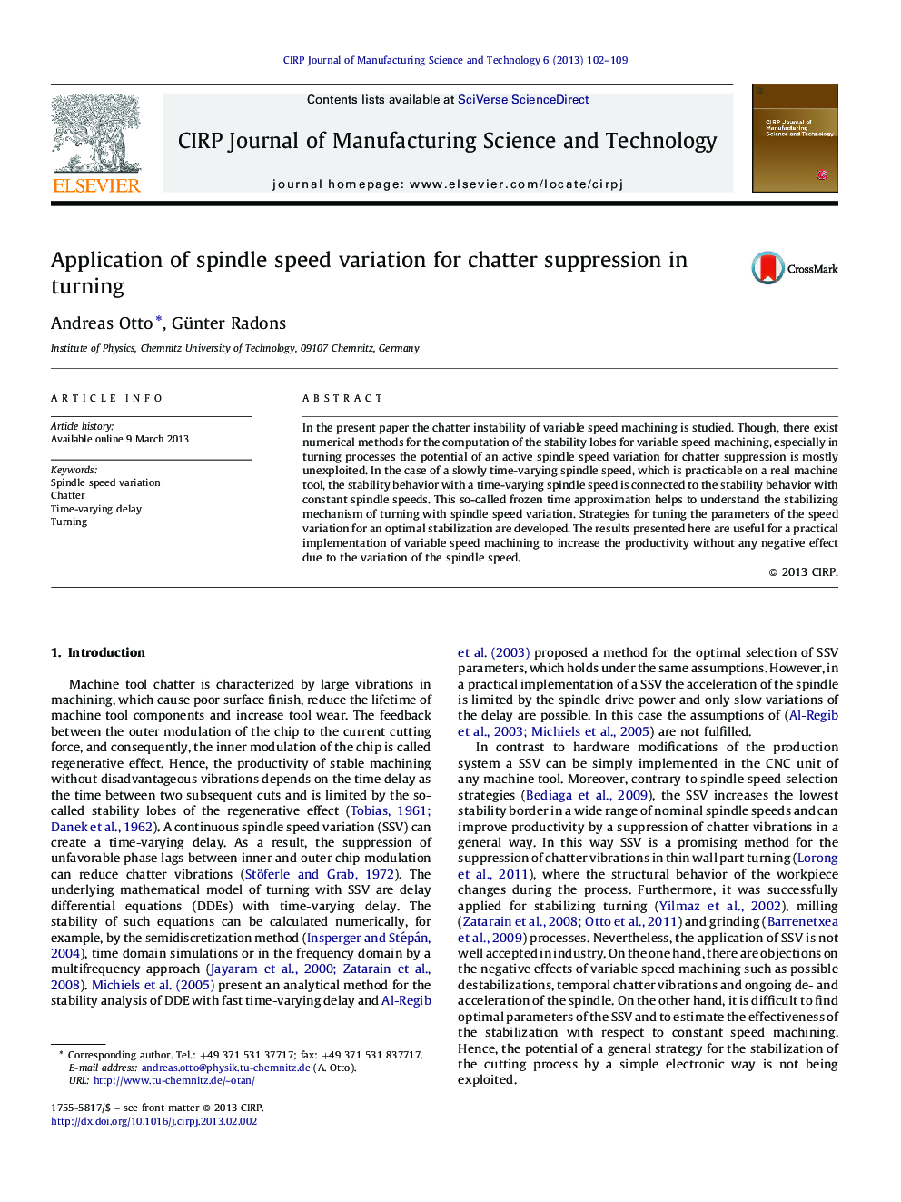 Application of spindle speed variation for chatter suppression in turning