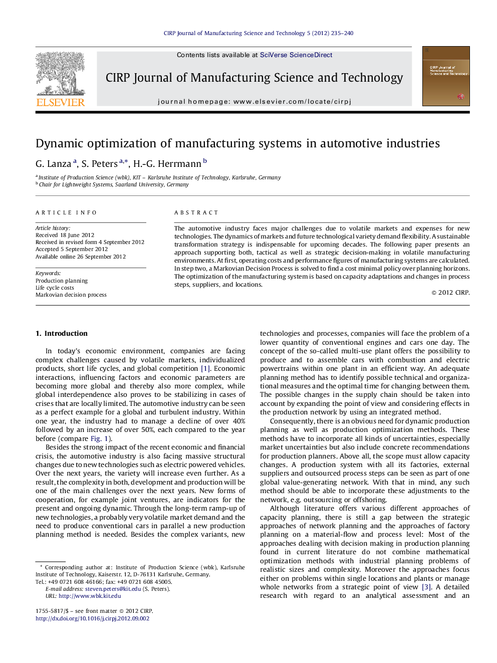 Dynamic optimization of manufacturing systems in automotive industries