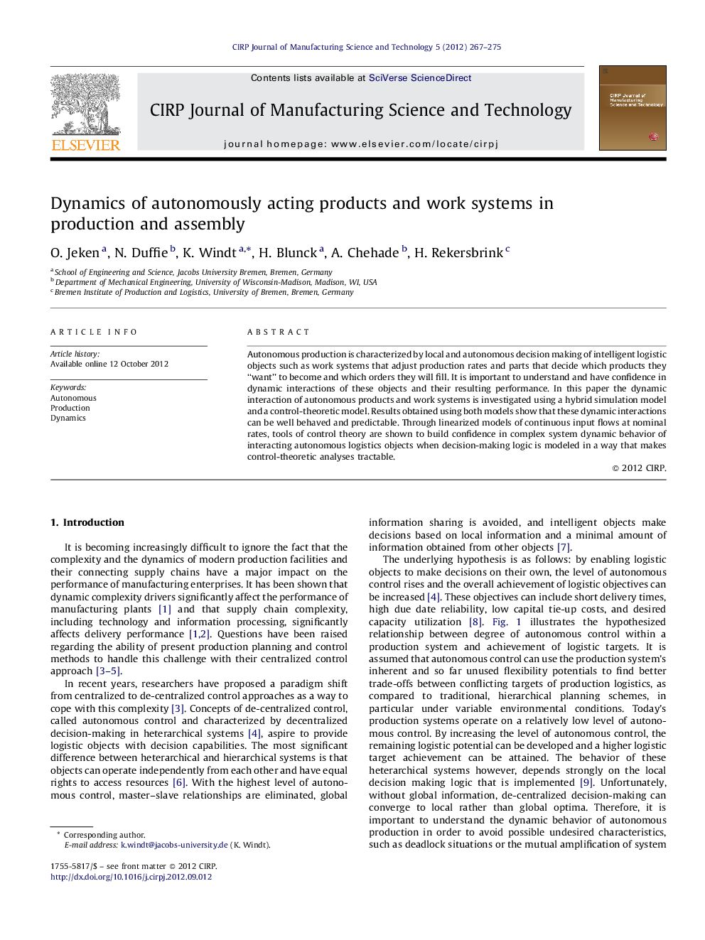 Dynamics of autonomously acting products and work systems in production and assembly