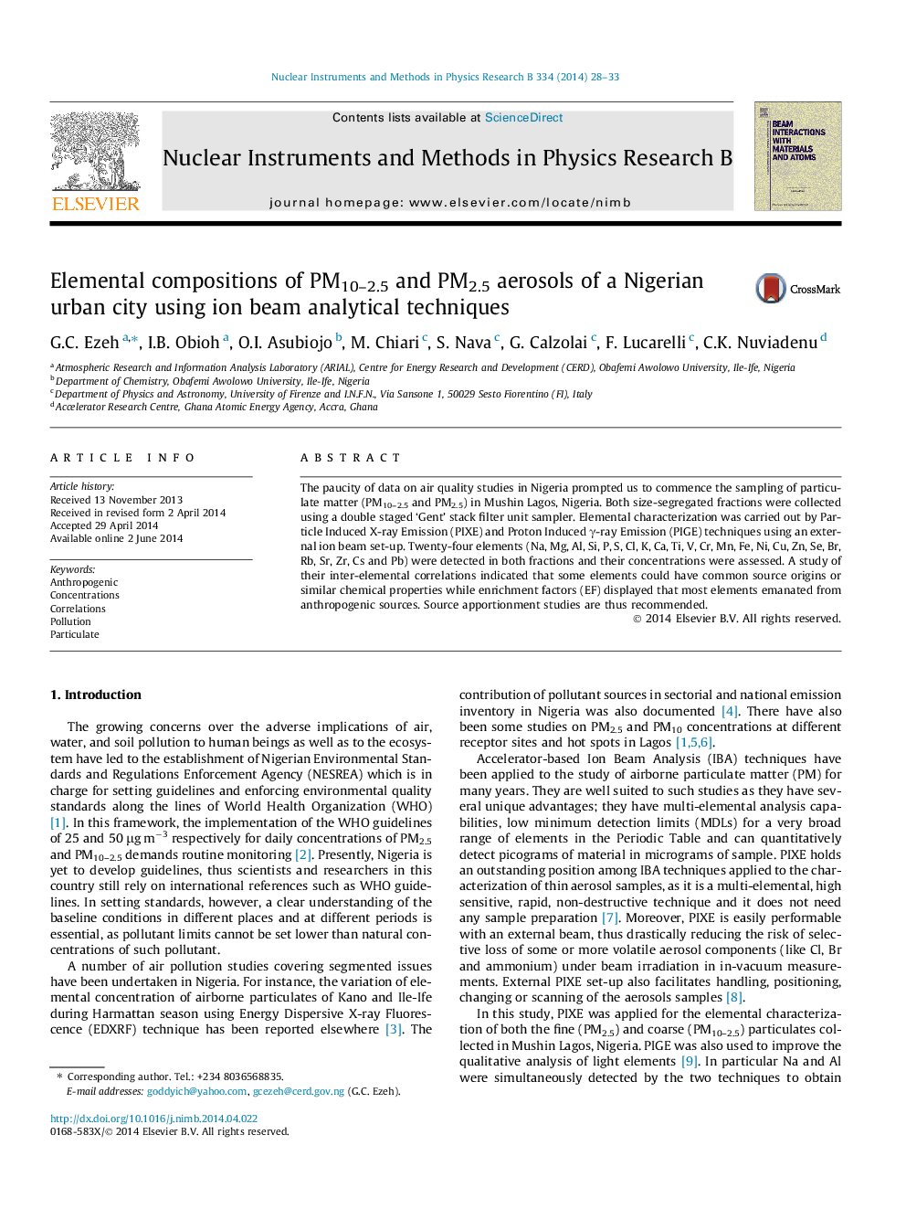 Elemental compositions of PM10–2.5 and PM2.5 aerosols of a Nigerian urban city using ion beam analytical techniques