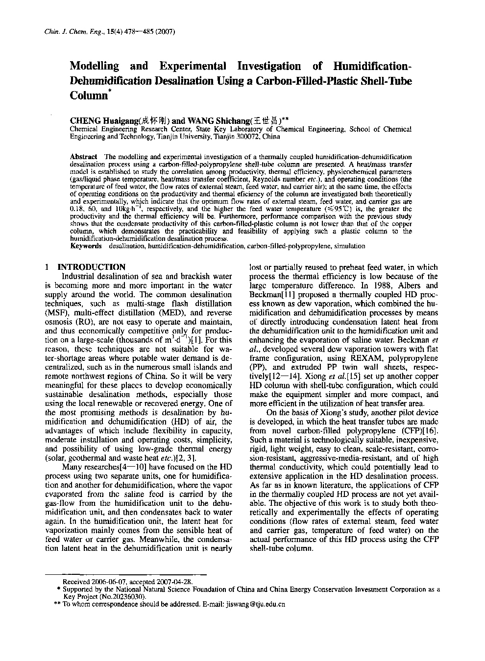 Modelling and Experimental Investigation of Humidification-Dehumidification Desalination Using a Carbon-Filled-Plastic Shell-Tube Column1 