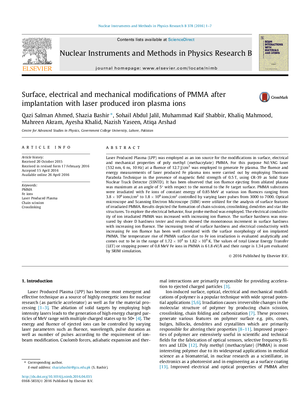 Surface, electrical and mechanical modifications of PMMA after implantation with laser produced iron plasma ions