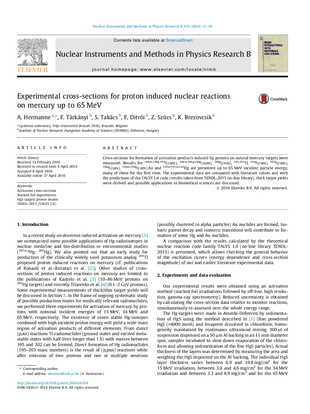 Experimental cross-sections for proton induced nuclear reactions on mercury up to 65 MeV