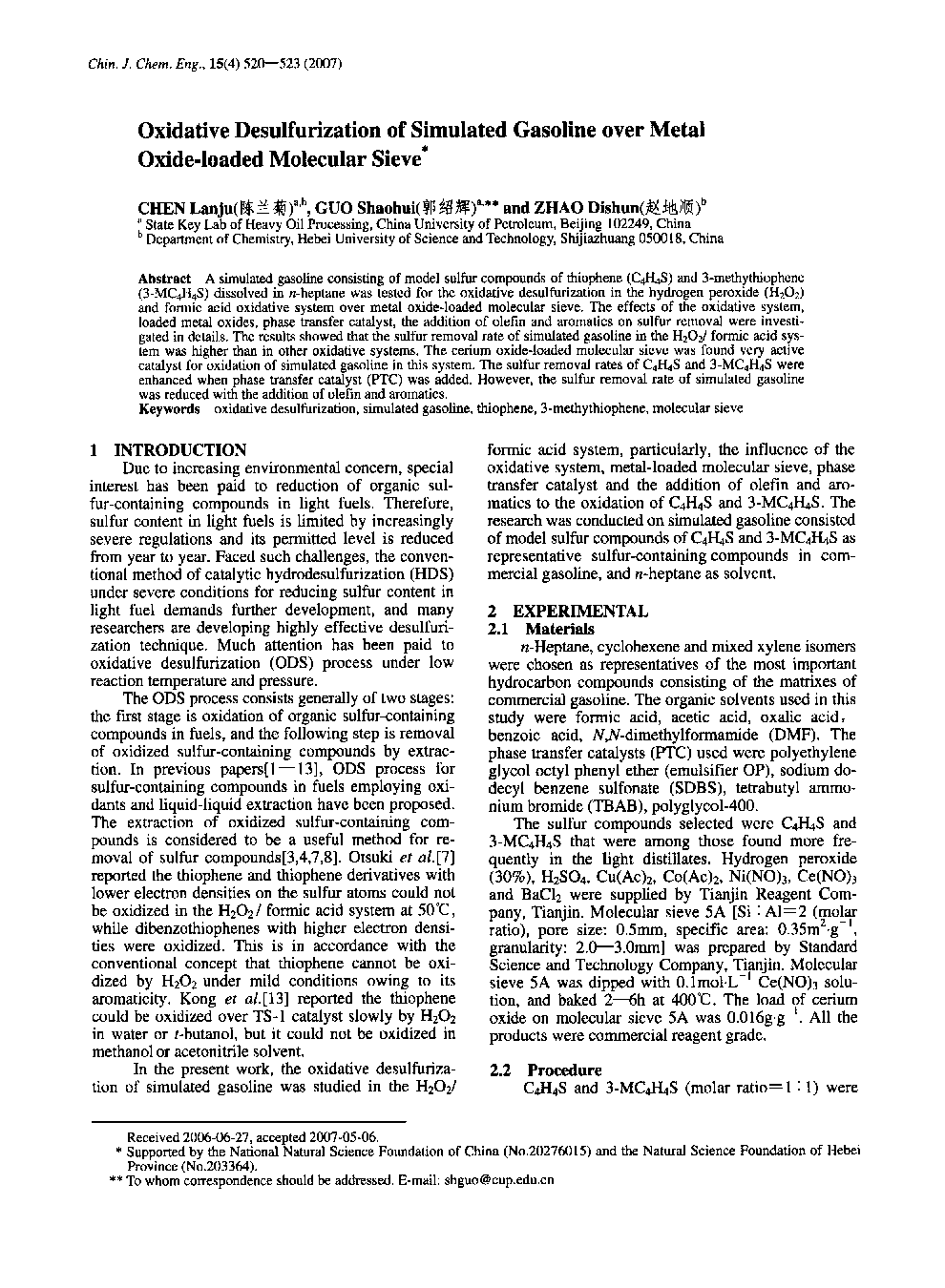 Oxidative Desulfurization of Simulated Gasoline over Metal Oxide-loaded Molecular Sieve1 