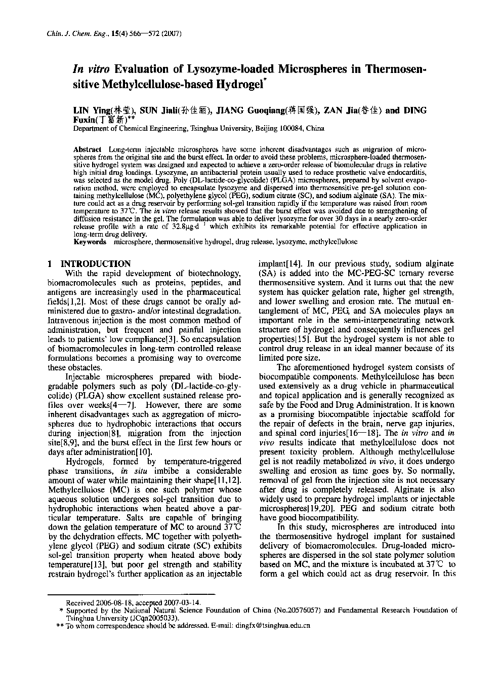 In vitro Evaluation of Lysozyme-loaded Microspheres in Thermosensitive Methylcellulose-based Hydrogel1 