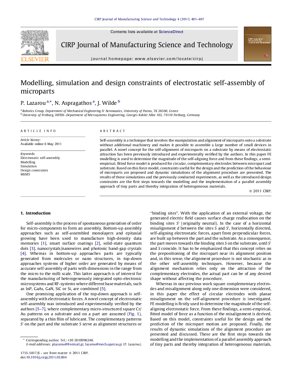 Modelling, simulation and design constraints of electrostatic self-assembly of microparts