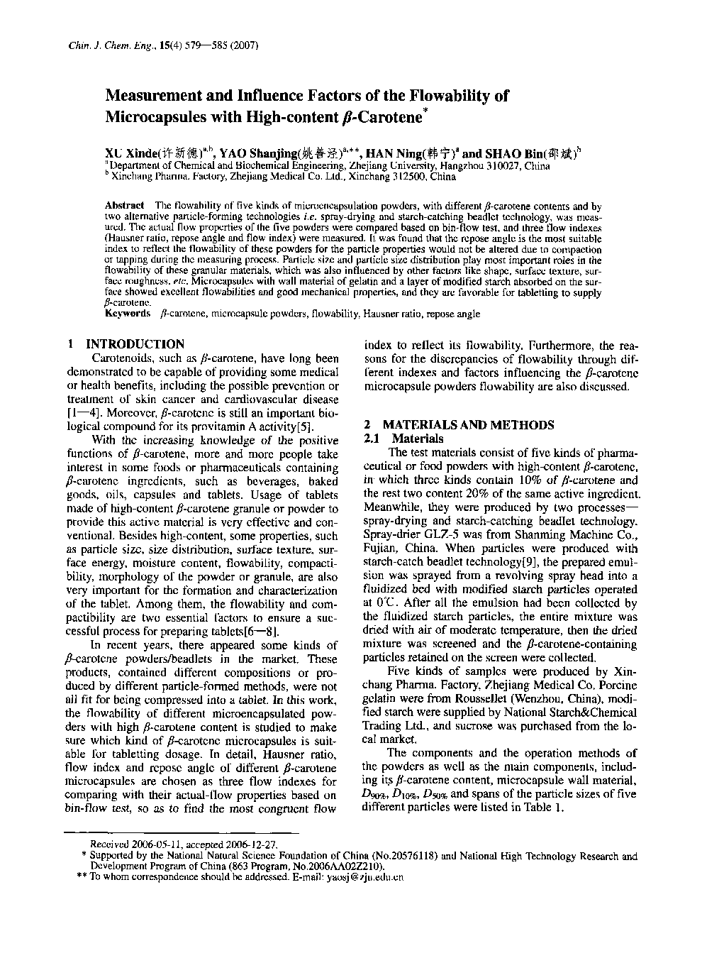 Measurement and Influence Factors of the Flowability of Microcapsules with High-content β-Carotene1 