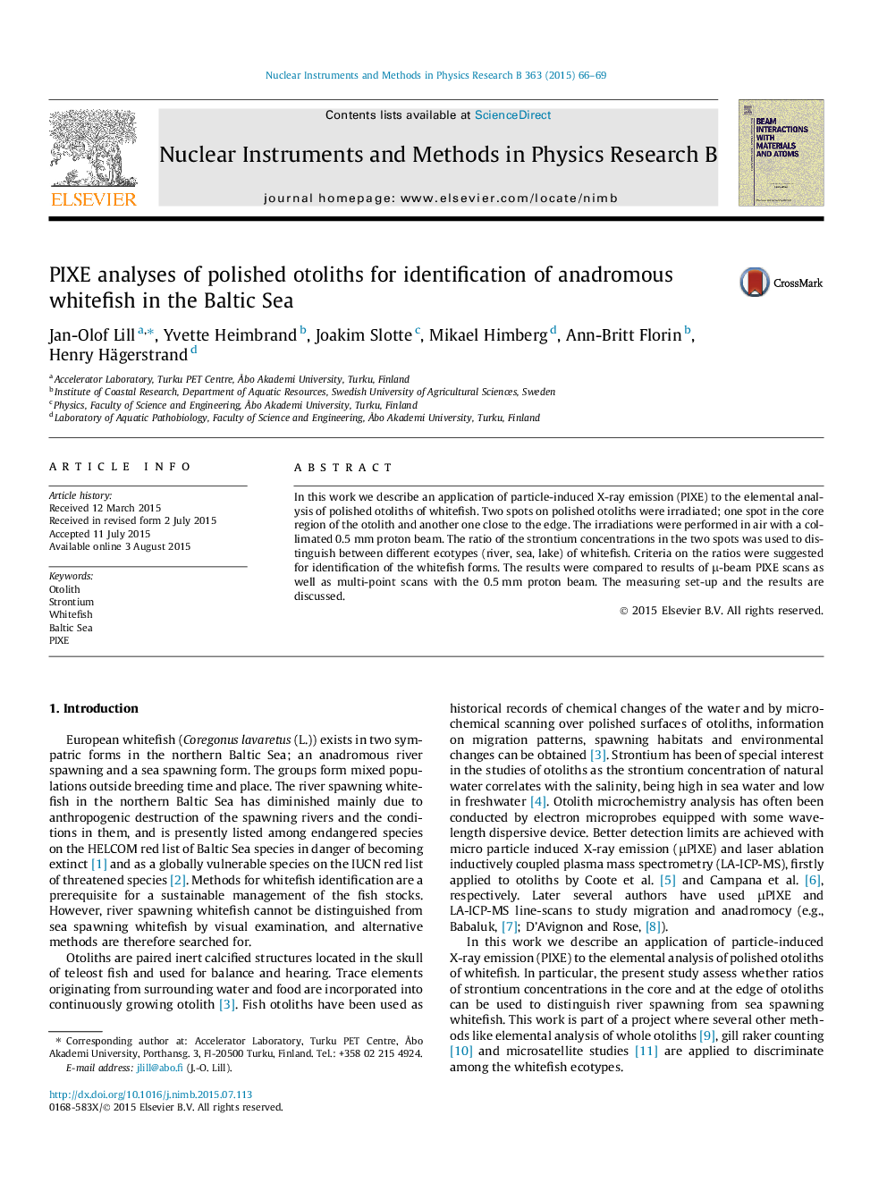 PIXE analyses of polished otoliths for identification of anadromous whitefish in the Baltic Sea