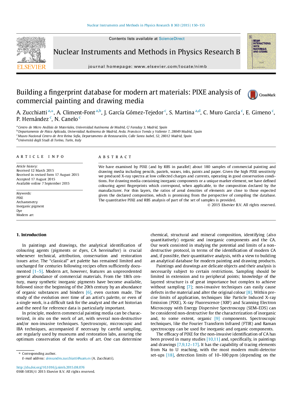 عکس صفحه اول مقاله: Building a fingerprint database for modern art materials: PIXE analysis of commercial painting and drawing media Building a fingerprint database for modern art materials: PIXE analysis of commercial painting and drawing media