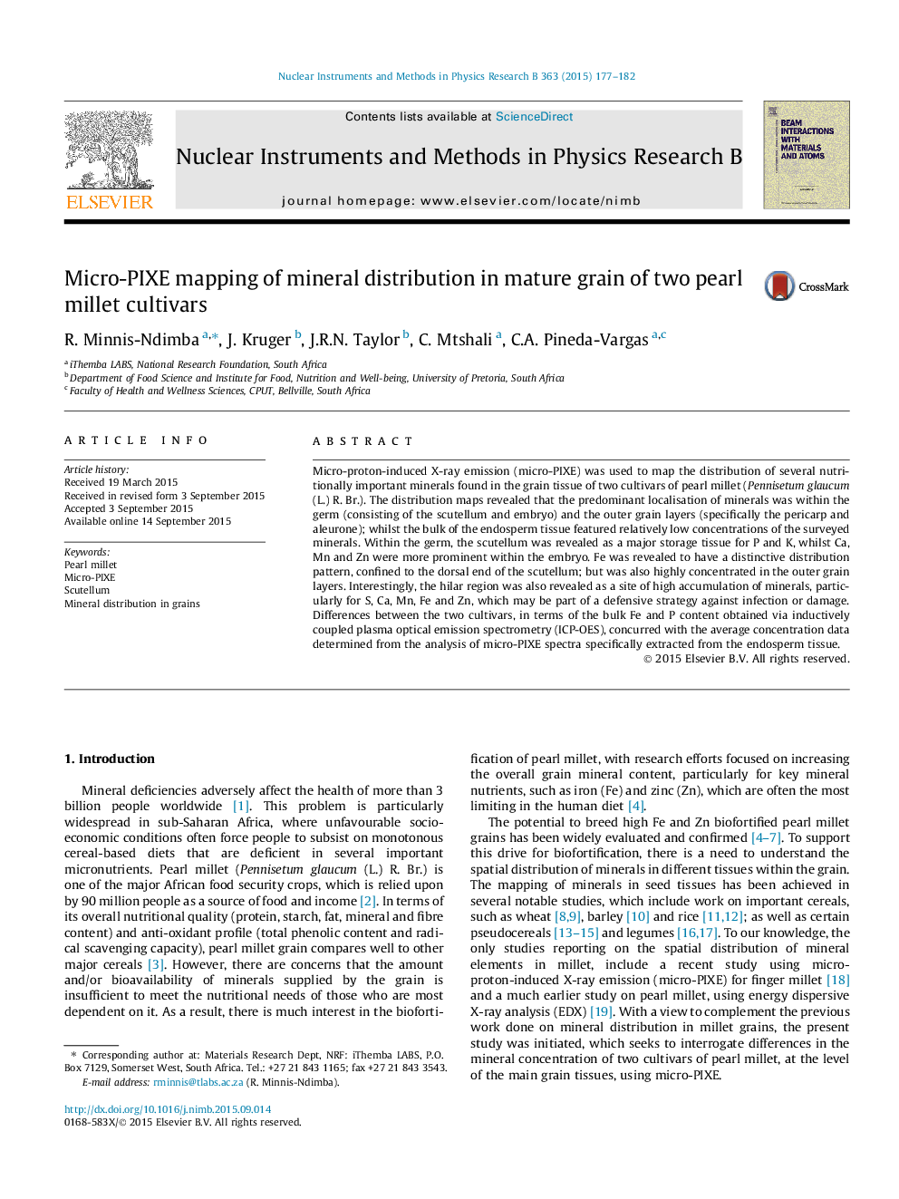 Micro-PIXE mapping of mineral distribution in mature grain of two pearl millet cultivars