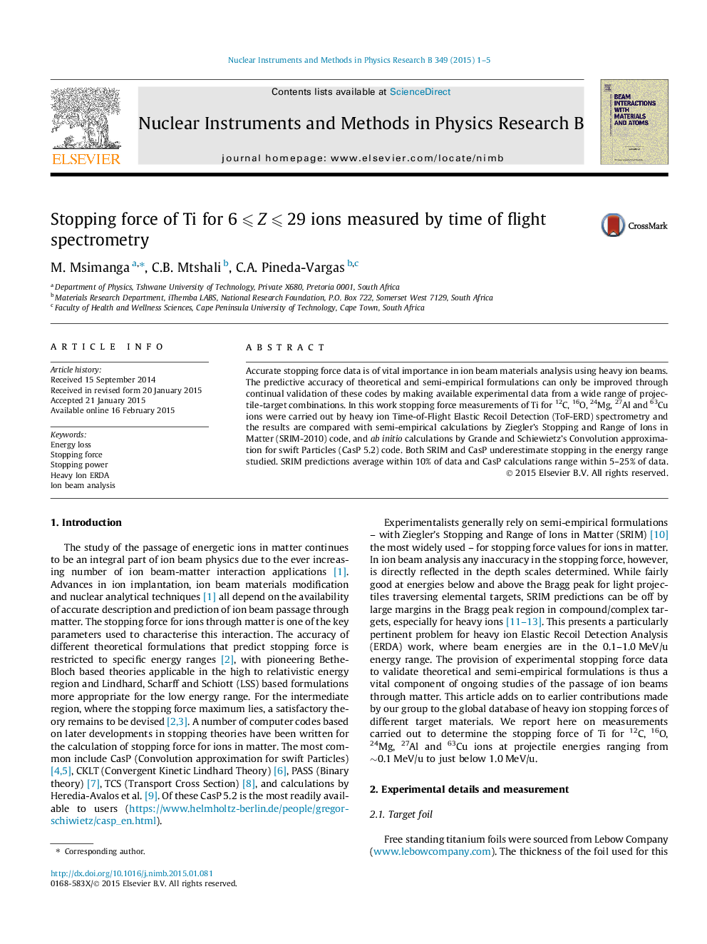 Stopping force of Ti for 6Â â©½Â ZÂ â©½Â 29 ions measured by time of flight spectrometry