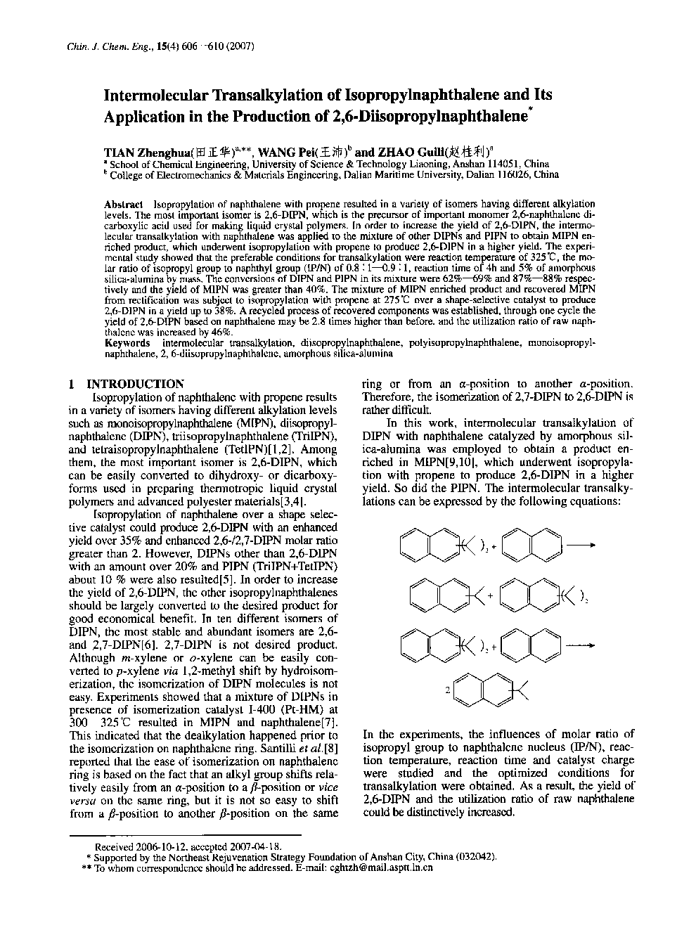 Intermolecular Transalkylation of Isopropylnaphthalene and Its Application in the Production of 2,6-Diisopropylnaphthalene1 