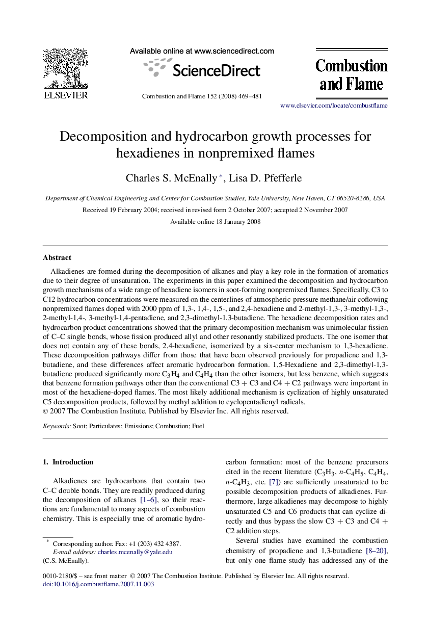 Decomposition and hydrocarbon growth processes for hexadienes in nonpremixed flames