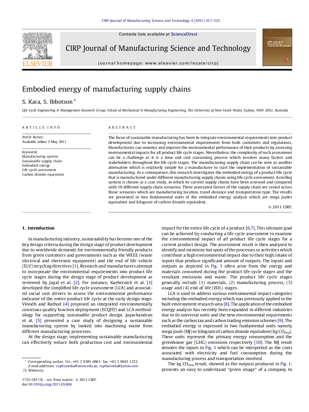 Embodied energy of manufacturing supply chains