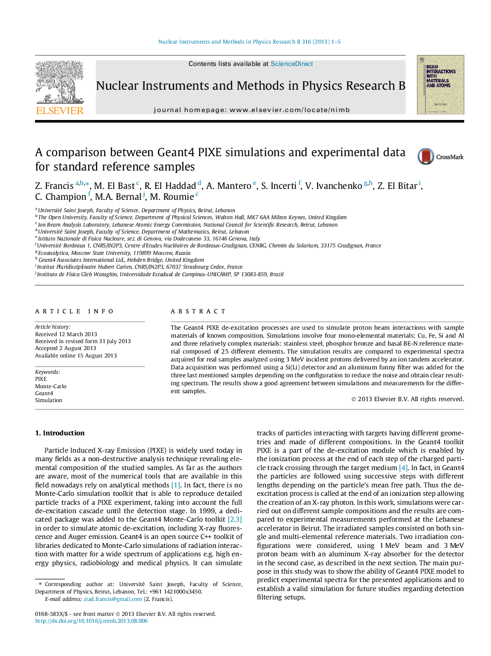 A comparison between Geant4 PIXE simulations and experimental data for standard reference samples