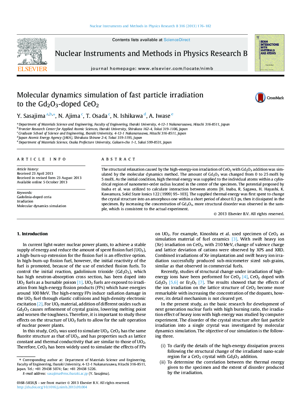 Molecular dynamics simulation of fast particle irradiation to the Gd2O3-doped CeO2