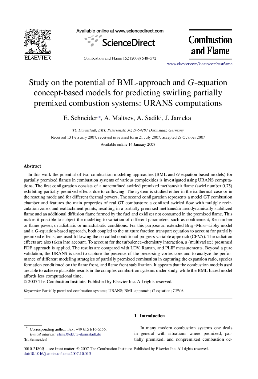 Study on the potential of BML-approach and G-equation concept-based models for predicting swirling partially premixed combustion systems: URANS computations