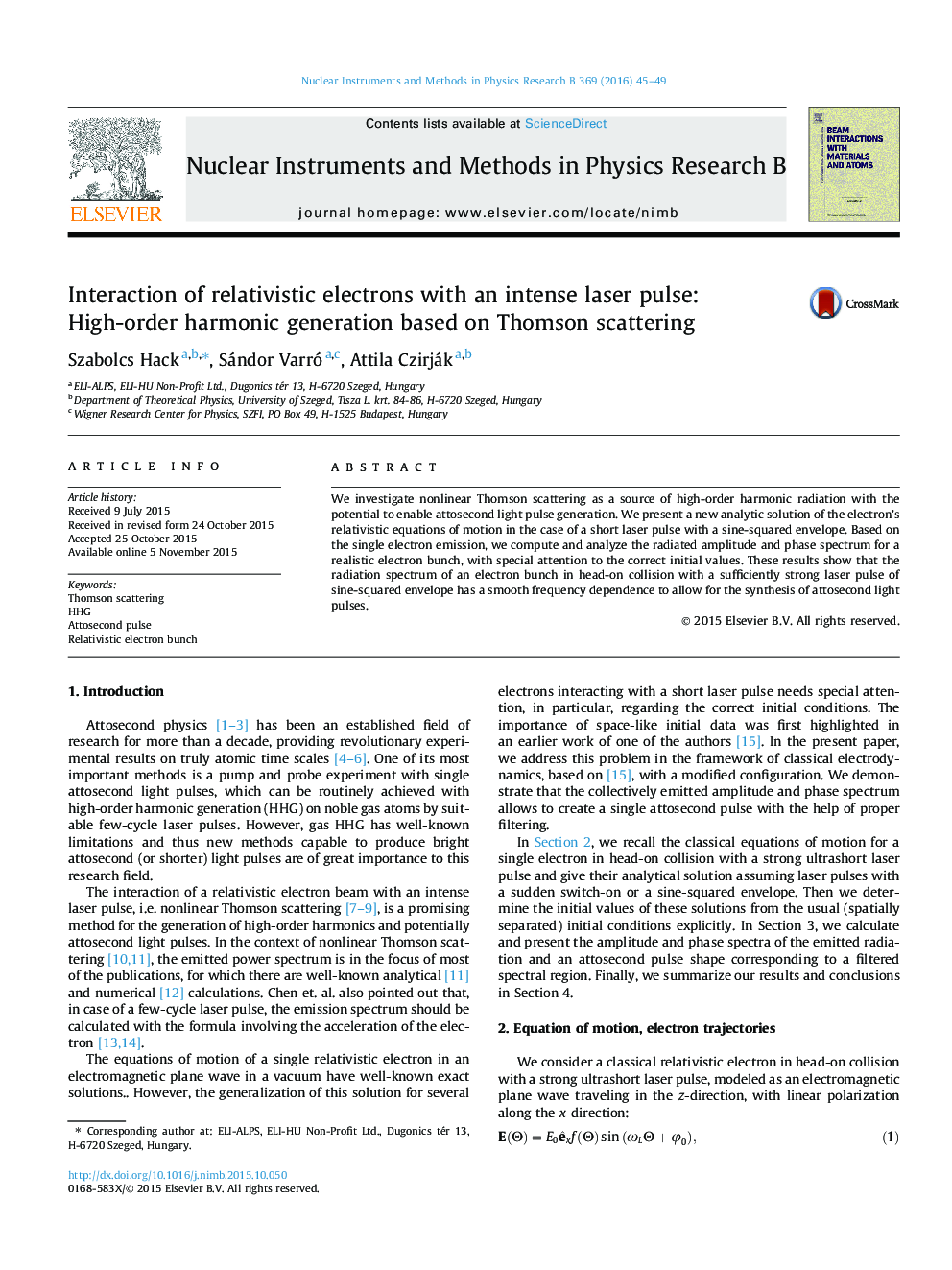 Interaction of relativistic electrons with an intense laser pulse: High-order harmonic generation based on Thomson scattering