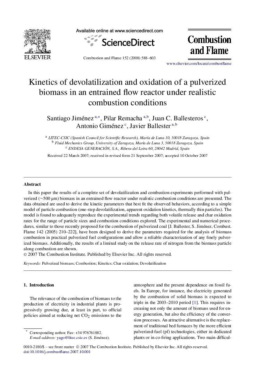 Kinetics of devolatilization and oxidation of a pulverized biomass in an entrained flow reactor under realistic combustion conditions