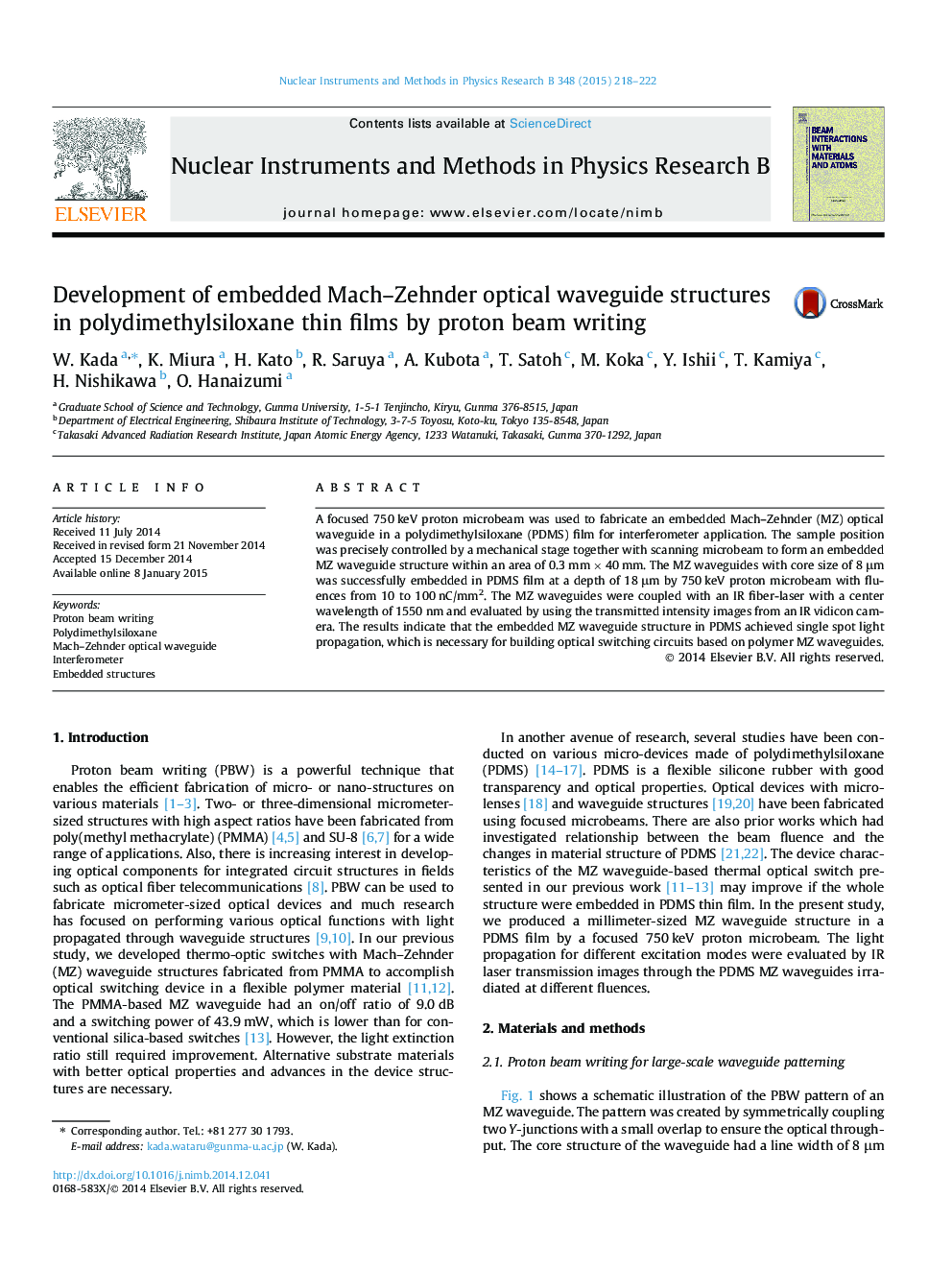 Development of embedded Mach–Zehnder optical waveguide structures in polydimethylsiloxane thin films by proton beam writing