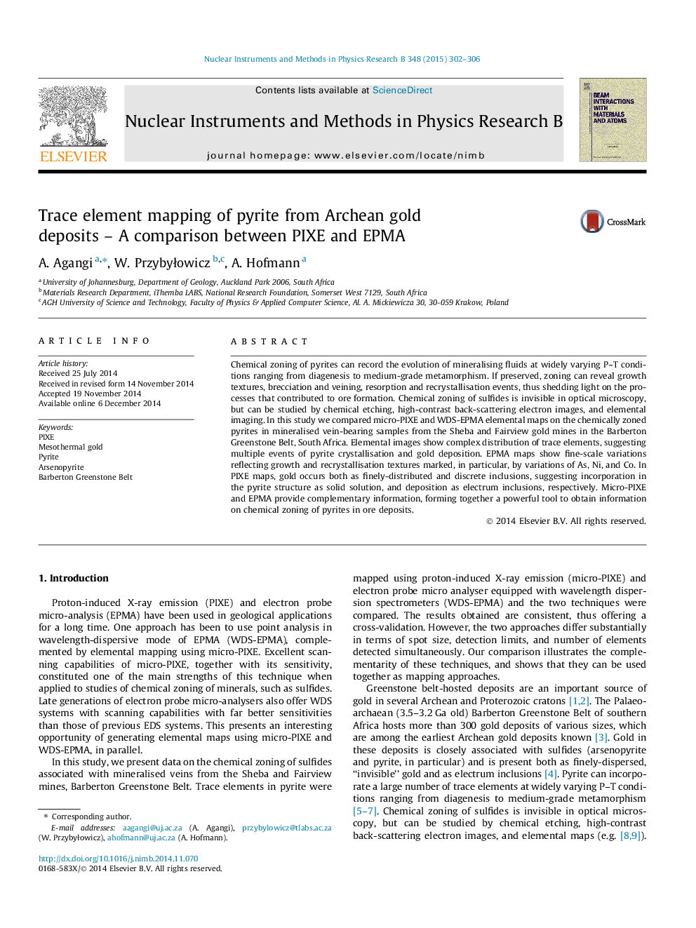 Trace element mapping of pyrite from Archean gold deposits – A comparison between PIXE and EPMA