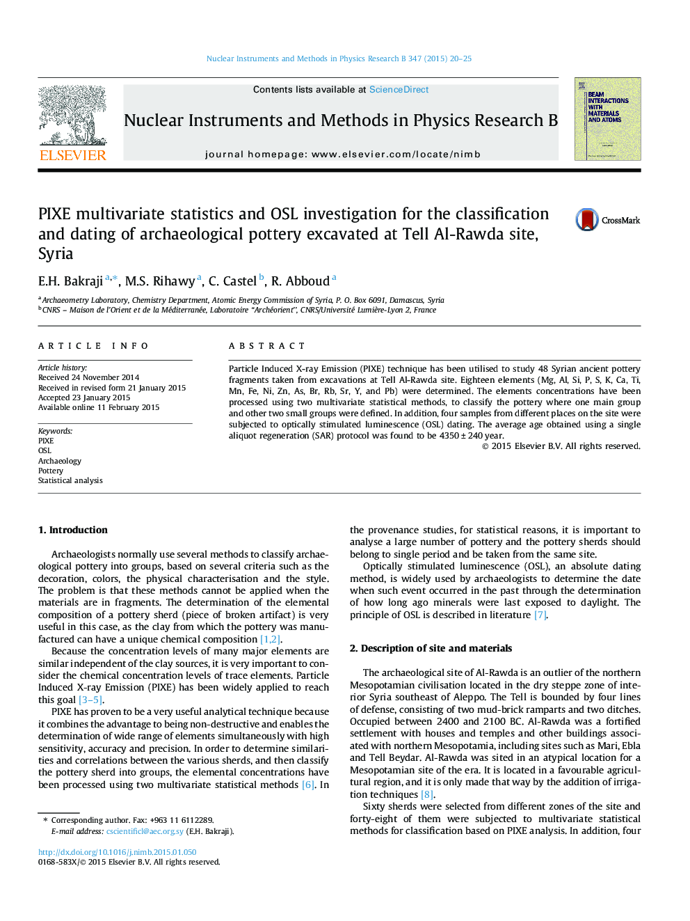 PIXE multivariate statistics and OSL investigation for the classification and dating of archaeological pottery excavated at Tell Al-Rawda site, Syria