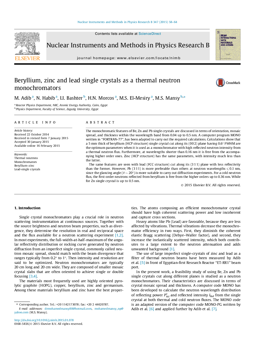 Beryllium, zinc and lead single crystals as a thermal neutron monochromators