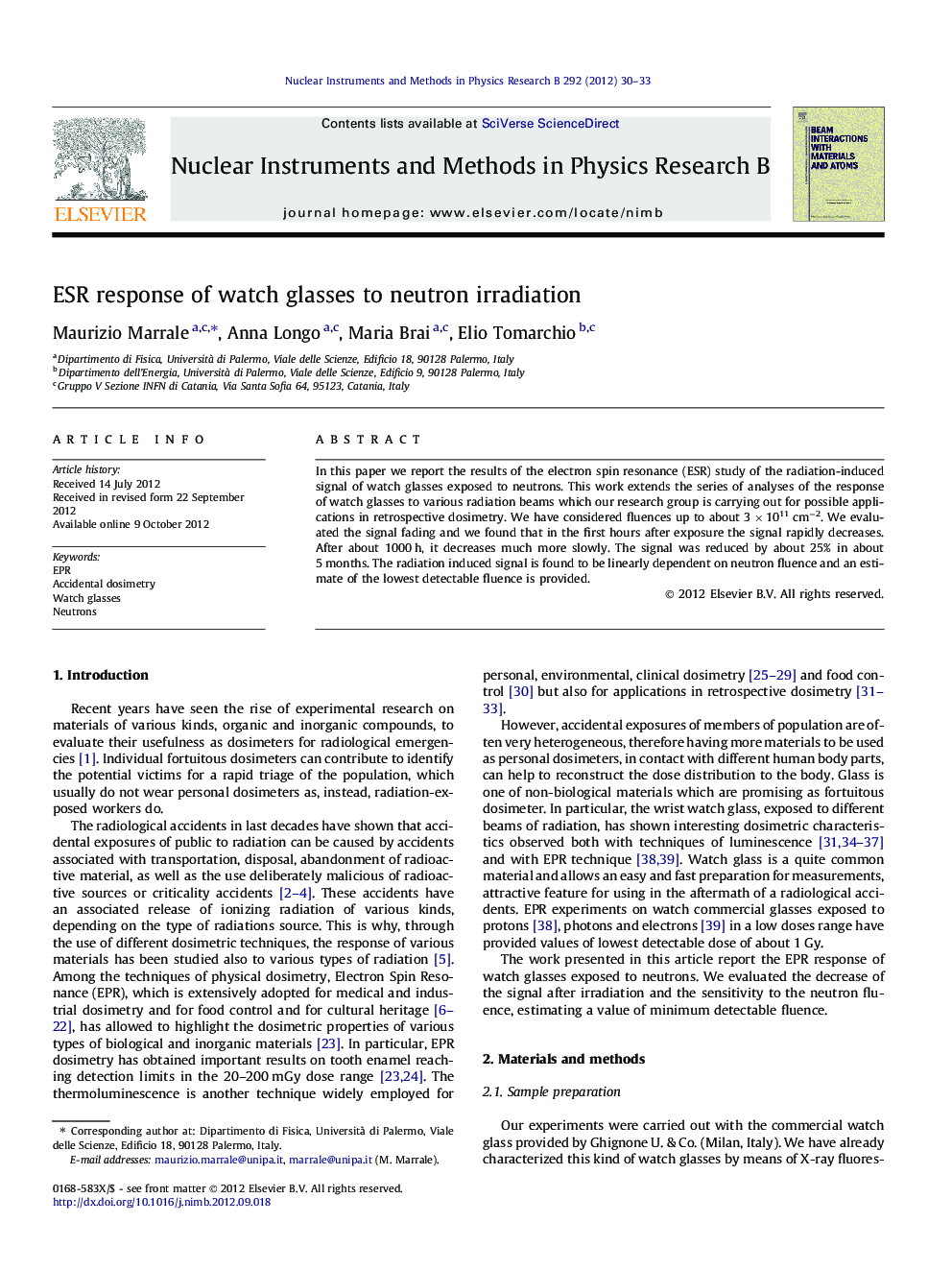 ESR response of watch glasses to neutron irradiation