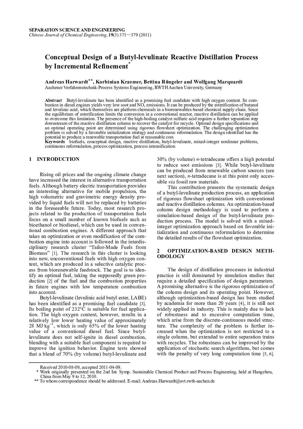 عکس صفحه اول مقاله: Conceptual Design of a Butyl-levulinate Reactive Distillation Process by Incremental Refinement Conceptual Design of a Butyl-levulinate Reactive Distillation Process by Incremental Refinement