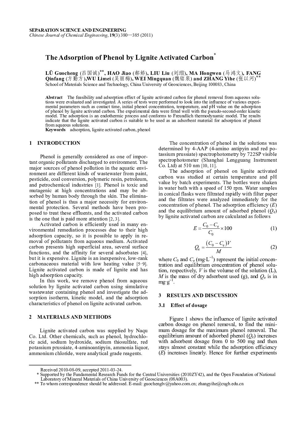 The Adsorption of Phenol by Lignite Activated Carbon 