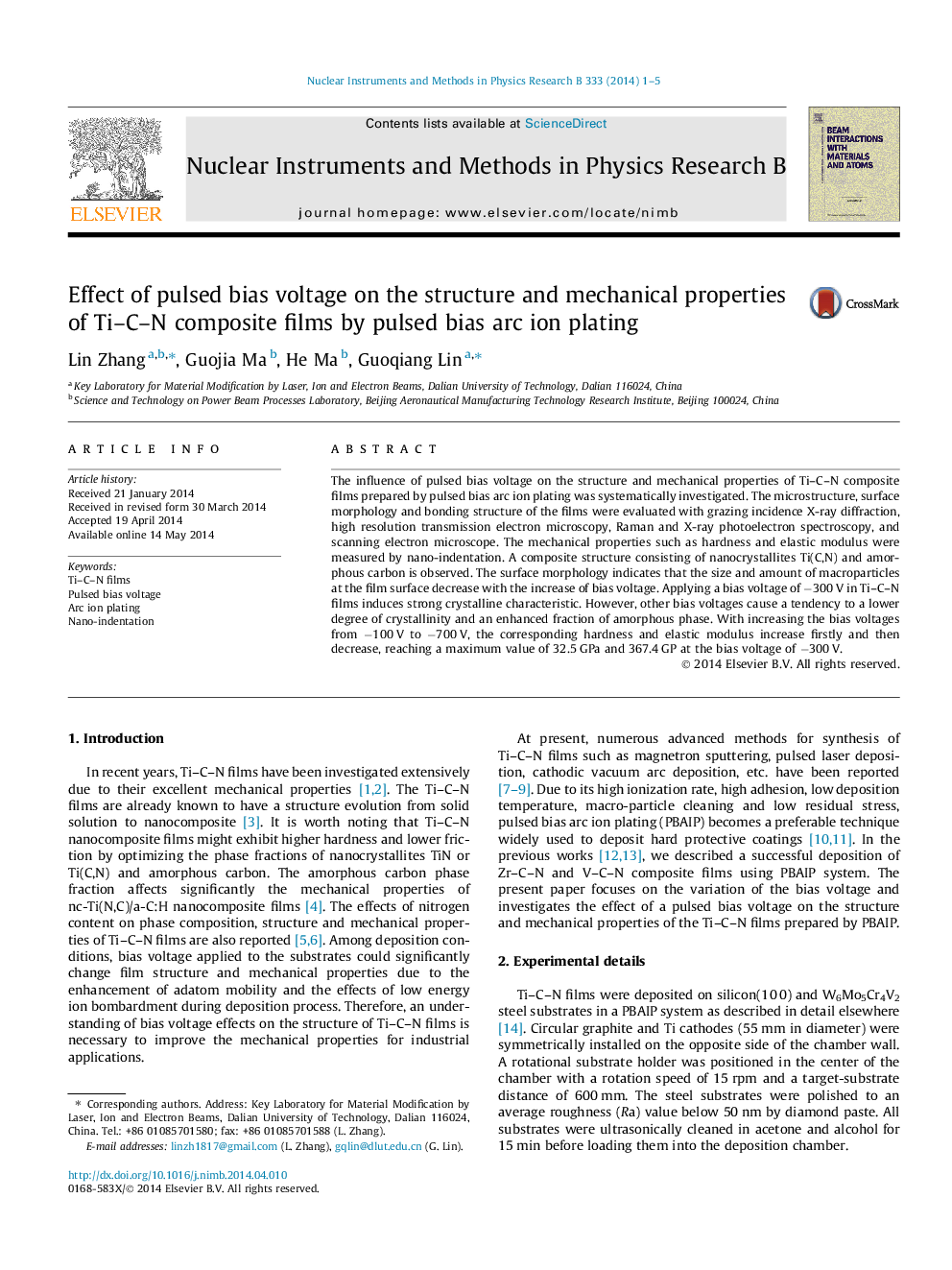عکس صفحه اول مقاله: Effect of pulsed bias voltage on the structure and mechanical properties of Ti–C–N composite films by pulsed bias arc ion plating Effect of pulsed bias voltage on the structure and mechanical properties of Ti–C–N composite films by pulsed bias arc ion plating