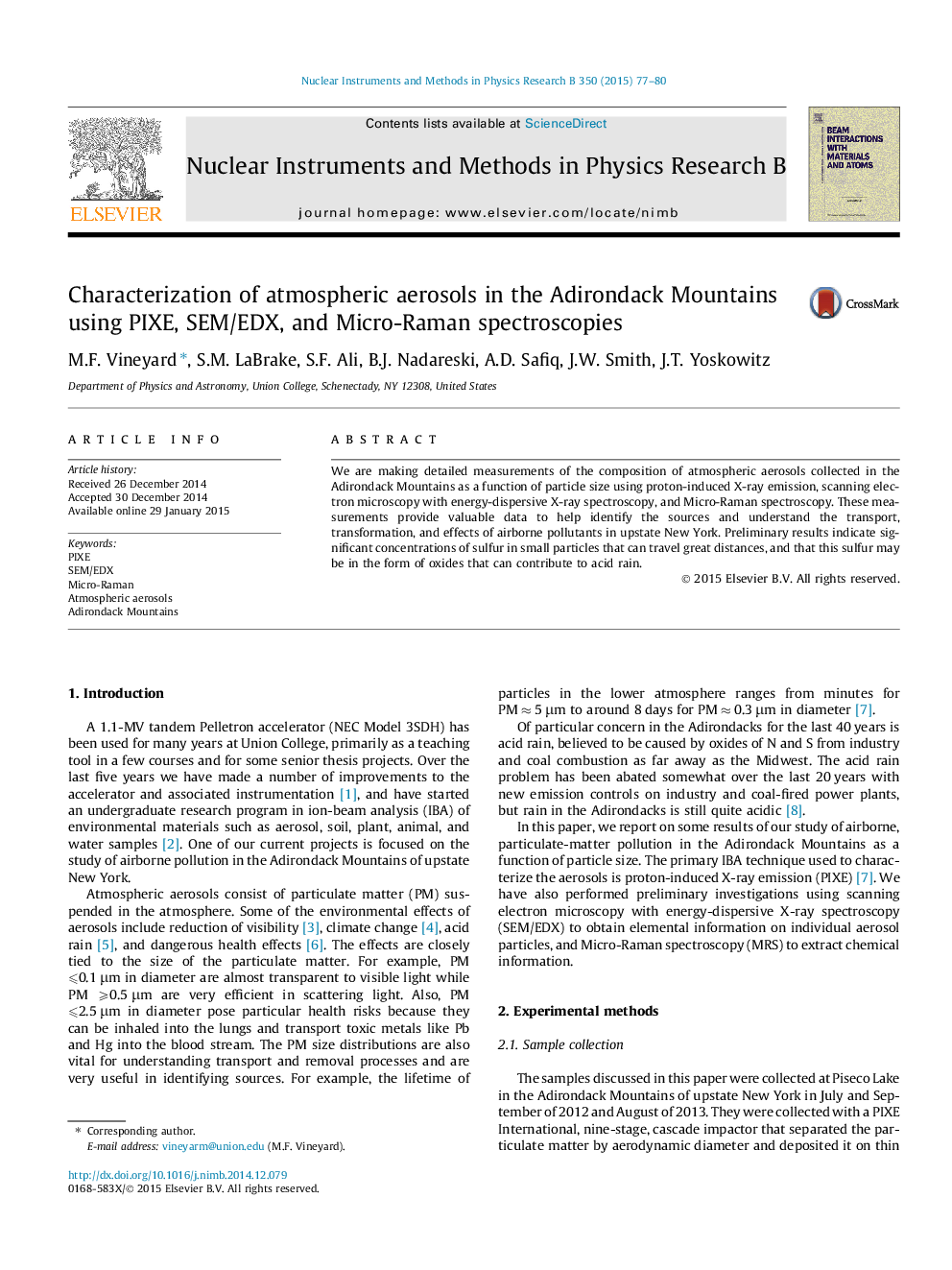 Characterization of atmospheric aerosols in the Adirondack Mountains using PIXE, SEM/EDX, and Micro-Raman spectroscopies