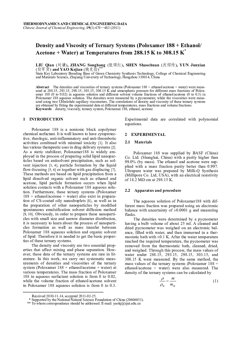 Density and Viscosity of Ternary Systems (Poloxamer 188 + Ethanol/Acetone + Water) at Temperatures from 288.15 K to 308.15 K 