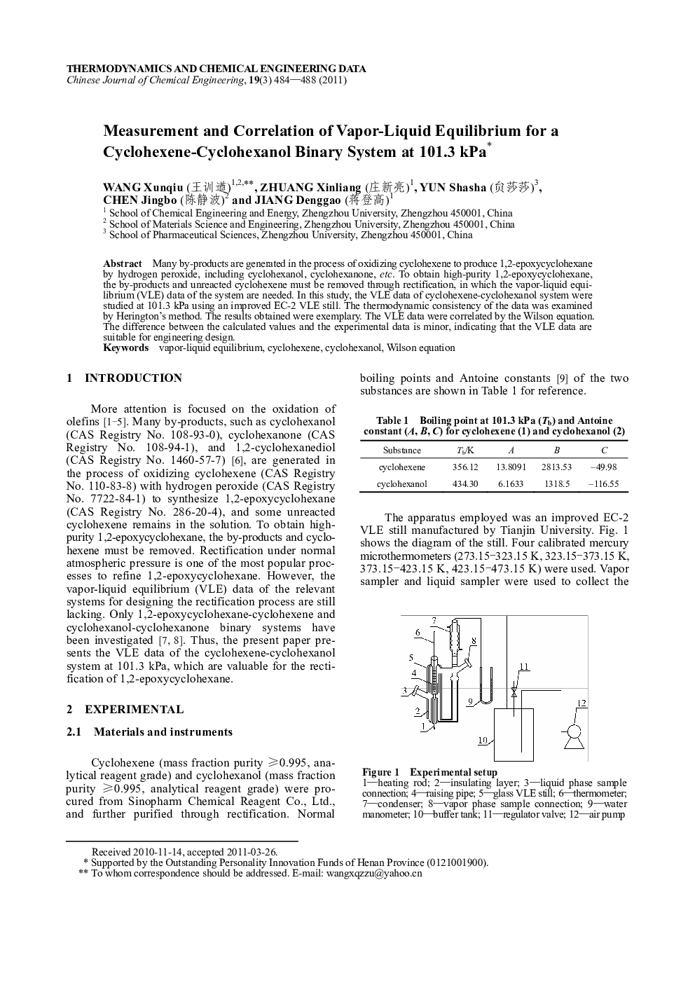 Measurement and Correlation of Vapor-Liquid Equilibrium for a Cyclohexene-Cyclohexanol Binary System at 101.3 kPa 