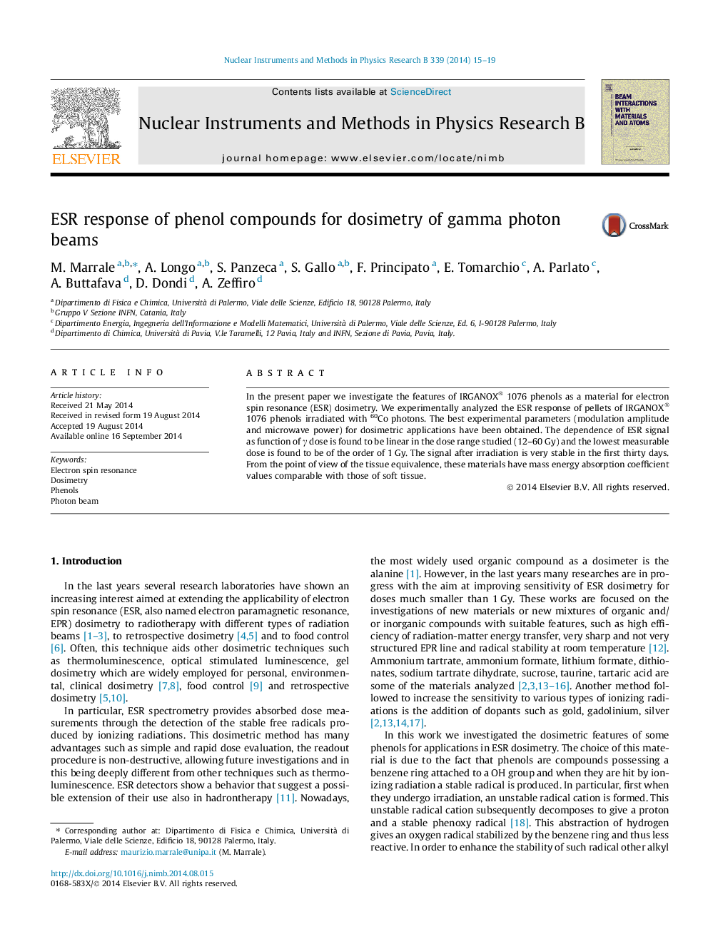 ESR response of phenol compounds for dosimetry of gamma photon beams