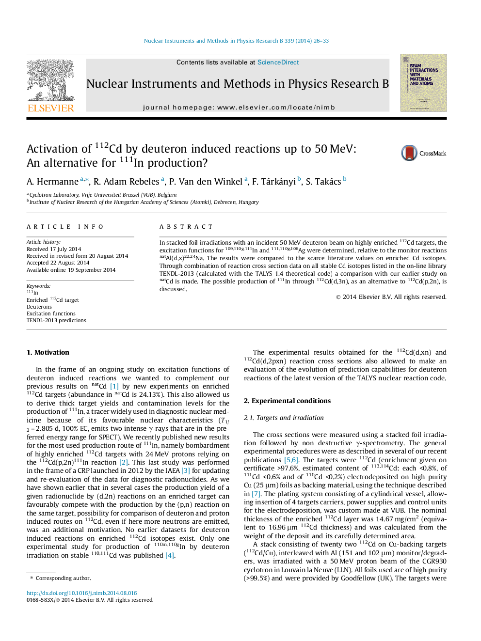 Activation of 112Cd by deuteron induced reactions up to 50Â MeV: An alternative for 111In production?